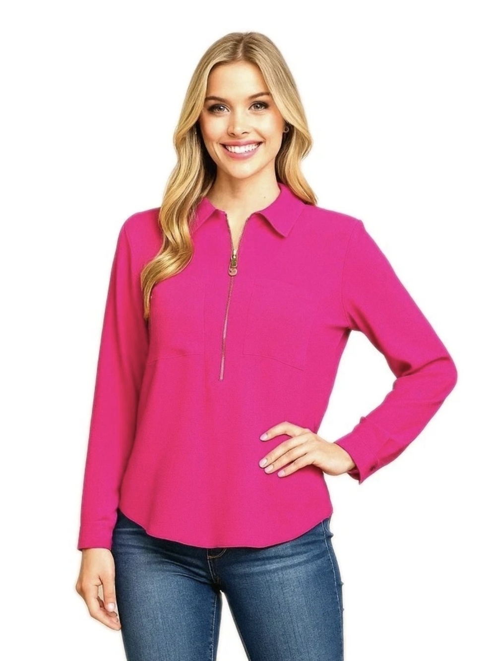 MICHAEL KORS Basics Fuchsia Pink Pocket Zip Front Women's Blouse Size M